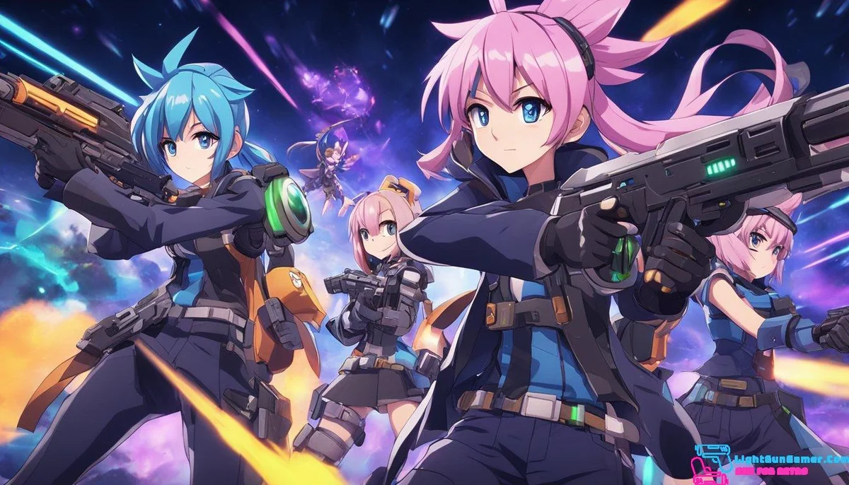 Players aiming lightguns at the screen, working together in online co-op. Multiplayer action in popular co-op games with lightgun elements