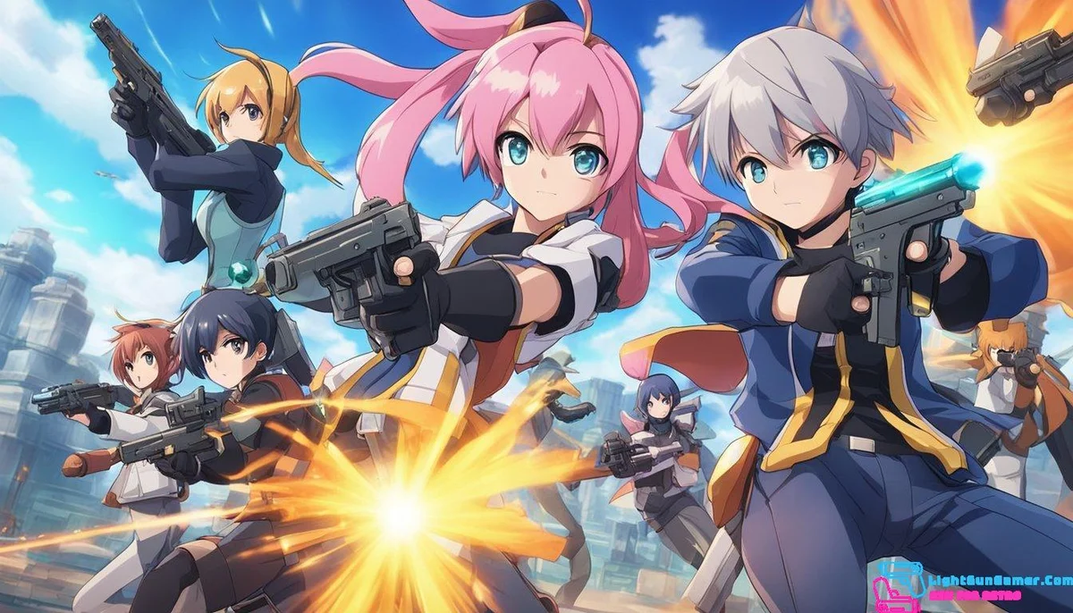 Players aim lightguns at the screen, working together in online co-op mode. Multiplayer action takes place in various virtual environments with interactive elements