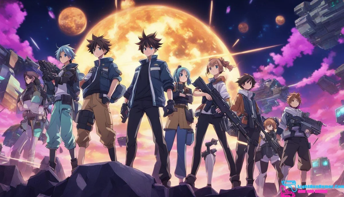 A group of players stand in front of a large screen, holding light guns and working together to defeat waves of enemies in a virtual world