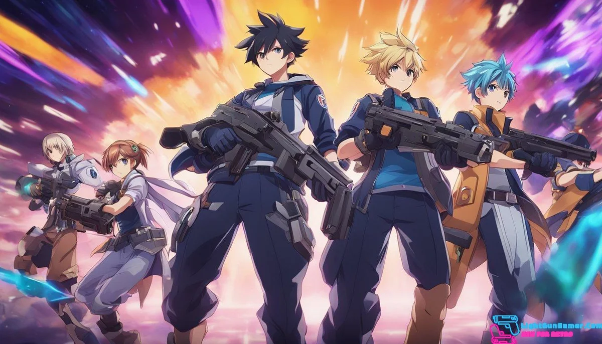 A group of players are immersed in a fast-paced multiplayer lightgun game, working together online to defeat enemies and complete missions. The screen is filled with intense action and vibrant visuals