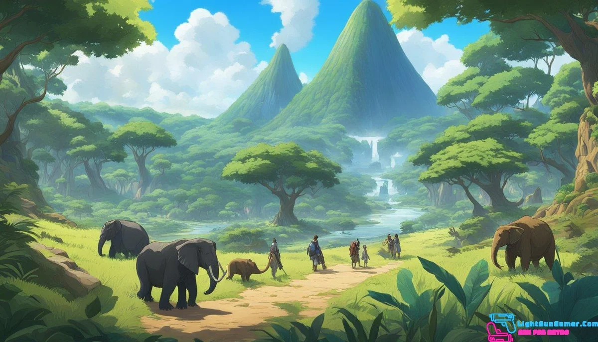A group of diverse animals roam a lush, prehistoric landscape, with towering trees and sprawling rivers, reminiscent of the world in the game Ark
