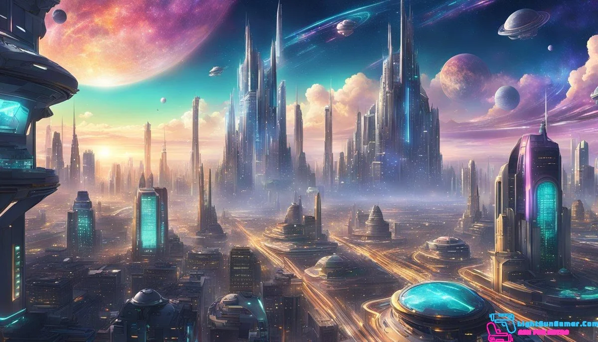 A futuristic cityscape with towering skyscrapers, sleek hover vehicles, and bustling alien markets, set against a backdrop of distant galaxies and nebulas