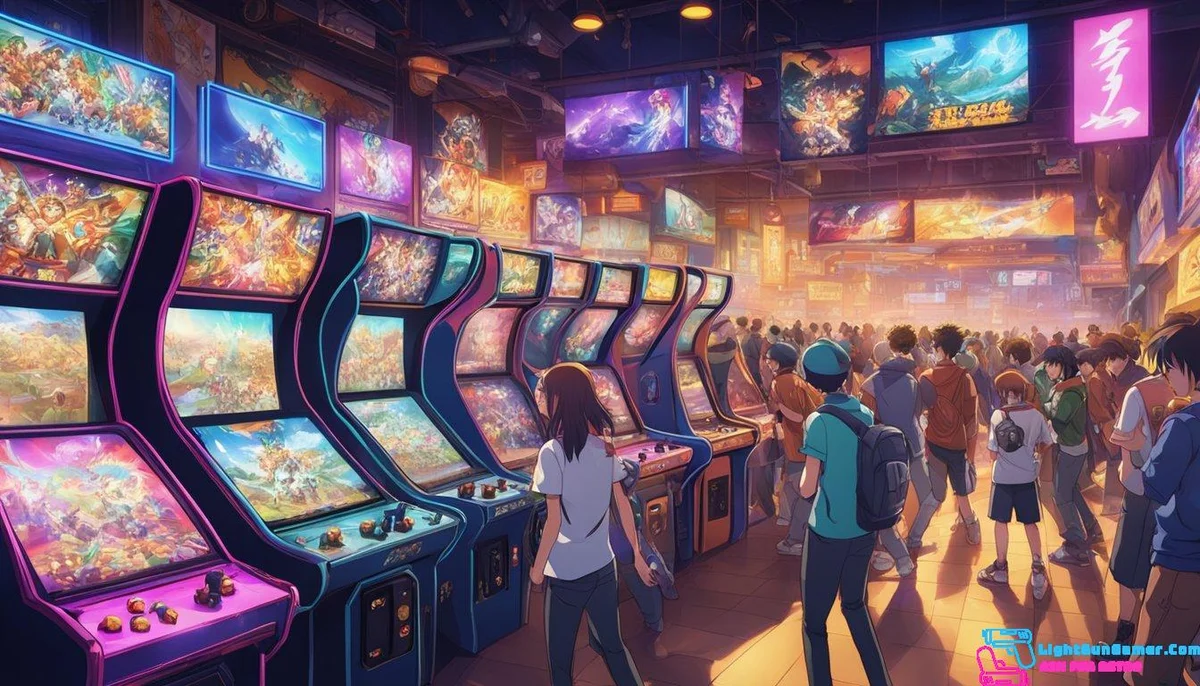 A crowded arcade filled with intense gamers competing in popular fighting games. Brightly lit screens and animated characters create an electric atmosphere