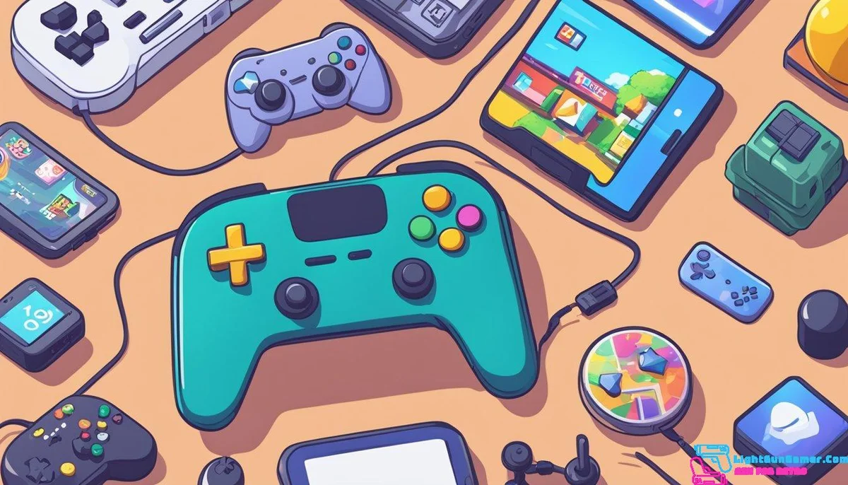 A smartphone with a game controller connected, displaying a variety of arcade game icons on the screen, with the words "Choosing the Right Emulator: best arcade emulator for android" displayed prominently