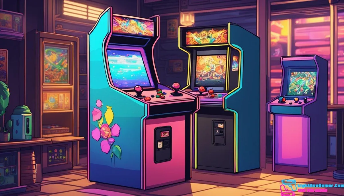 A retro arcade cabinet sits in a dimly lit room, its colorful screen glowing with pixelated graphics. A smartphone with the best arcade emulator for Android is plugged into the cabinet, enhancing the gaming experience
