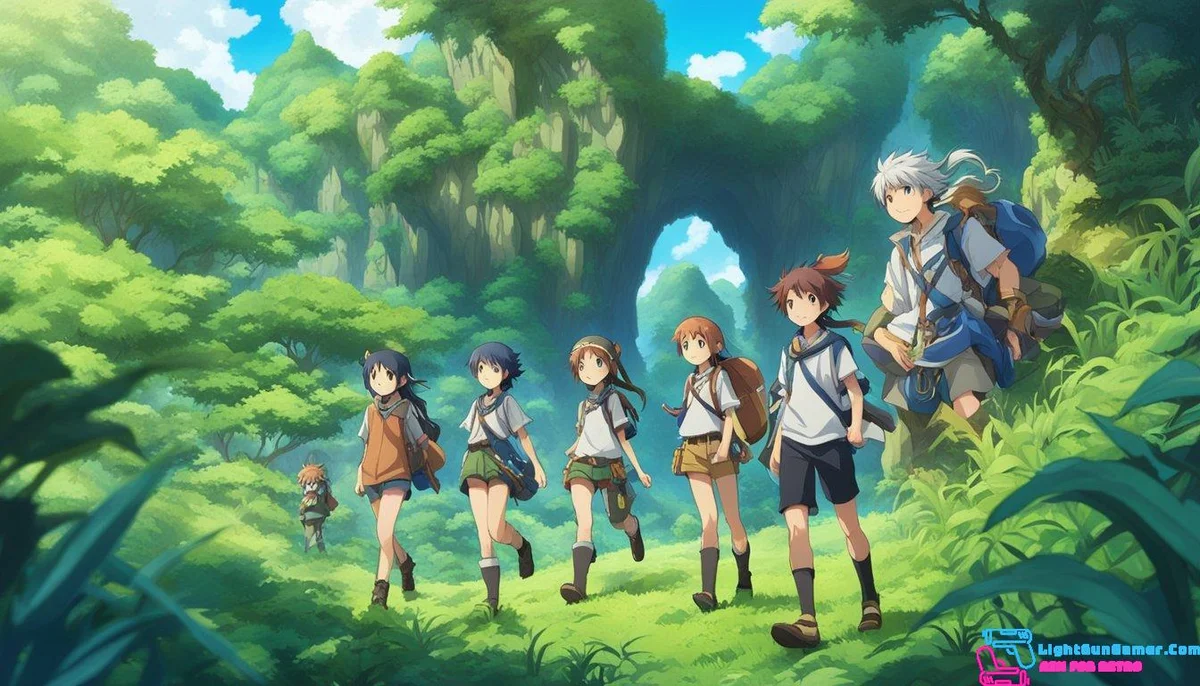 A group of adventurers navigates through a lush, fantastical landscape, encountering mythical creatures and uncovering hidden treasures