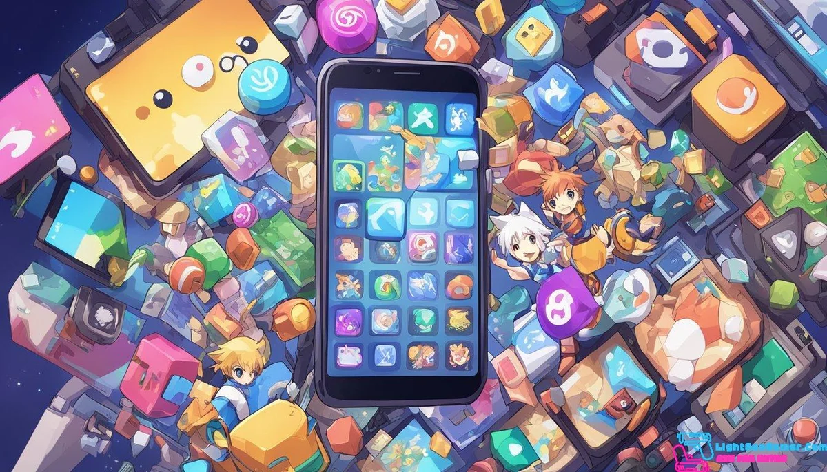 A smartphone with a variety of game icons displayed on the screen, showcasing different genres such as action, adventure, puzzle, and strategy
