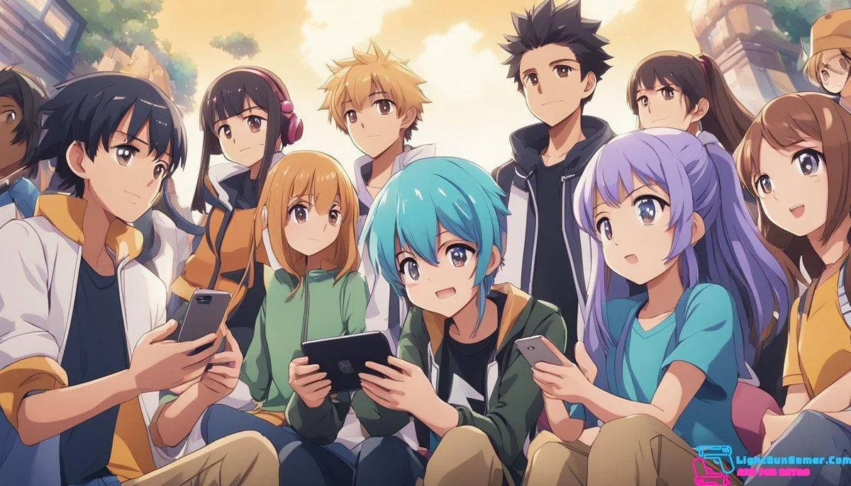 A diverse group of people gathered around a mobile device, engrossed in a captivating game on an Android screen. Excitement and concentration are evident as they interact with the game beyond the screen
