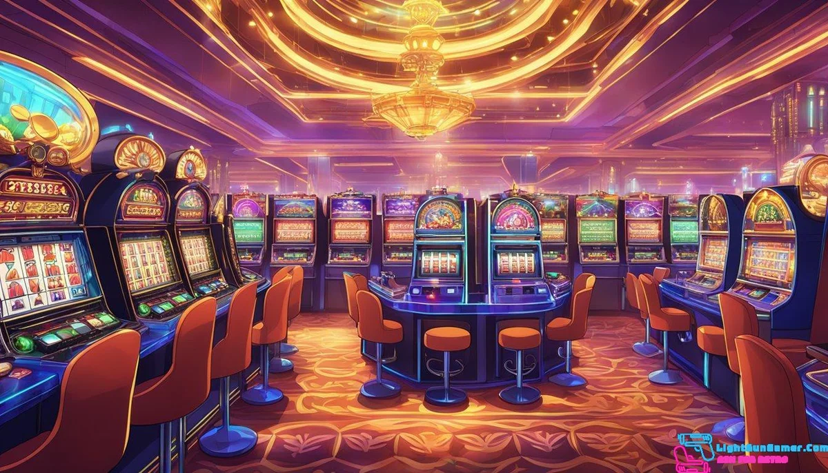 Brightly lit casino floor with rows of slot machines and gaming tables. Excited players and flashing lights create an atmosphere of anticipation and potential wealth