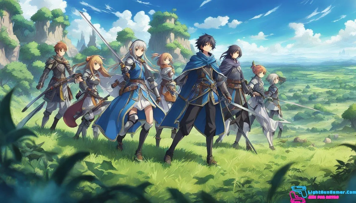 A group of diverse characters strategize on a battlefield, wielding swords and magic against enemy forces. The environment is lush and detailed, with a medieval aesthetic