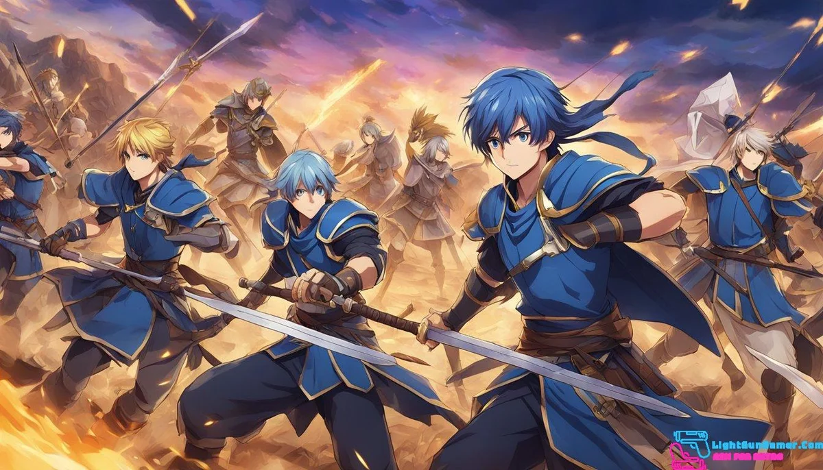 A group of warriors strategically positioned on a battlefield, each with unique abilities and weapons, ready to engage in a turn-based battle reminiscent of Fire Emblem