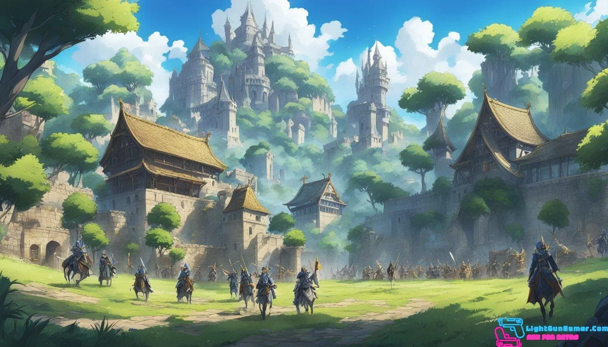 A battlefield with diverse terrain, medieval architecture, and strategic formations. Iconic weapons and armor adorn characters in a fantasy setting