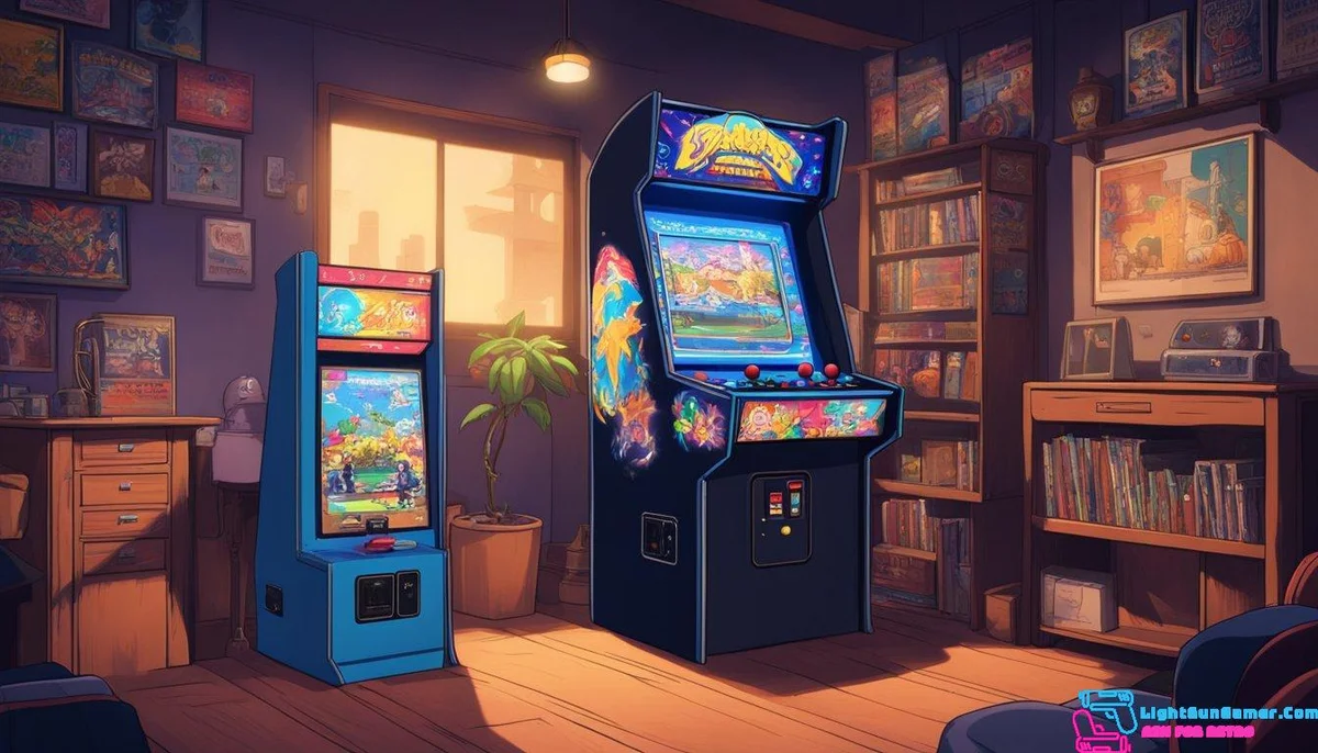 A retro arcade cabinet stands in a dimly lit room, surrounded by vintage posters and memorabilia. Its screen displays the iconic title screen of the best-selling classic arcade game of all time