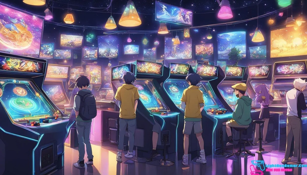 Players mastering arcade games, surrounded by cheering crowds and flashing lights, leaving a lasting impact on gaming culture