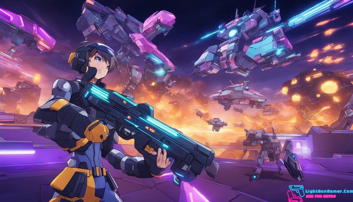 A futuristic gaming console with multiple light guns connected to it, displaying an online co-op multiplayer game with advanced technology enhancements