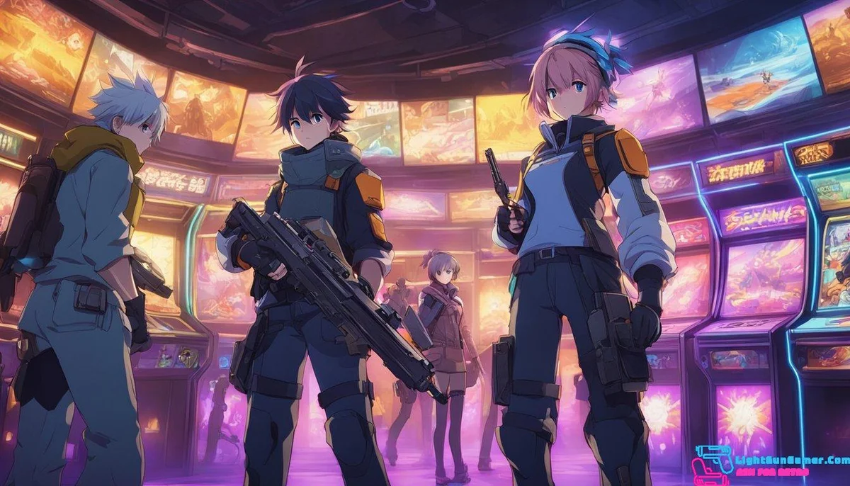 Players stand in a dimly lit arcade, holding lightguns, facing a large screen. They are engaged in intense multiplayer competition, working together to defeat virtual enemies in an online co-op game