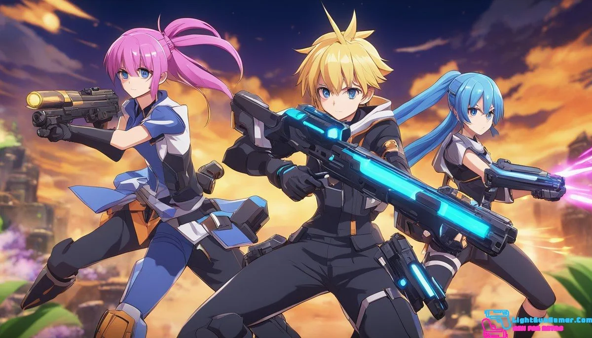 Players aim lightguns at screen, engaging in fast-paced multiplayer battles. Console and PC setups feature online co-op modes for intense gaming action