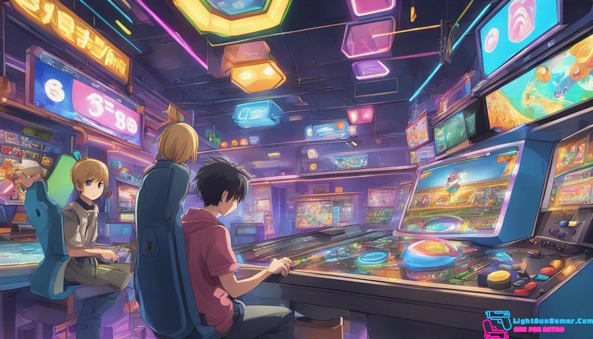 A joystick being manipulated, buttons being pressed, and a screen displaying various arcade game options and features