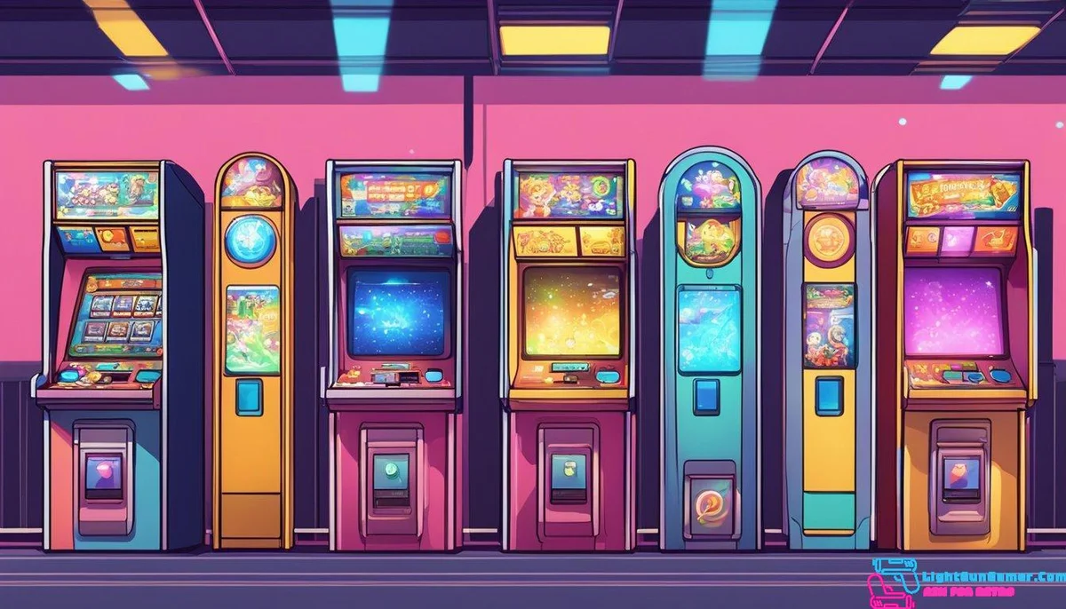 A row of arcade games with flashing lights and buzzing sounds. A ticket dispenser spits out tickets as players win