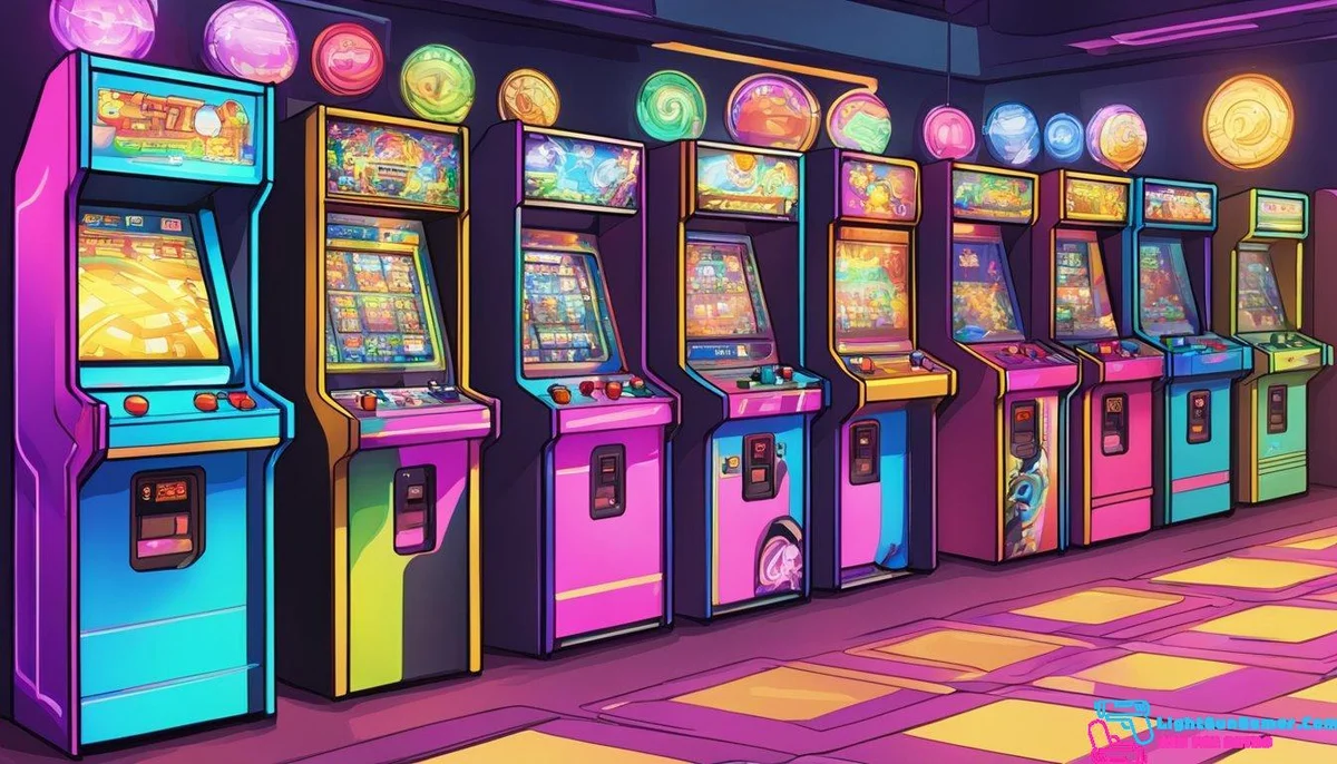 A row of arcade machines with flashing lights and ticket dispensers. The games display high scores and colorful graphics