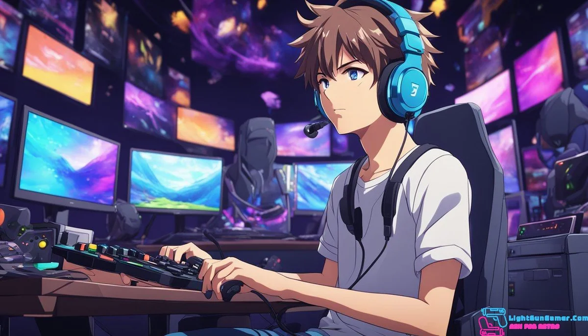 A gamer wearing a top-rated gaming headset, surrounded by gaming equipment and immersed in intense gameplay